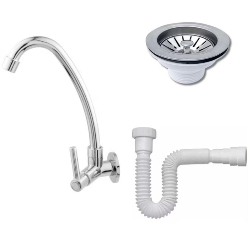 Torneira De Cozinha Parede Cromada + Sifão Universal Branco + Válvula De Inox Para Pia em Oferta na Shopee