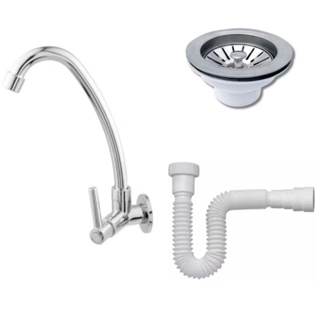 Torneira De Cozinha Parede Cromada + Sifão Universal Branco + Válvula De Inox Para Pia em Oferta na Shopee