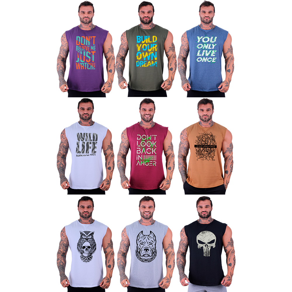 Kit 9 Regatas Machão Longline MXD Conceito Estampas Variadas Caveiras Letreiros Academia