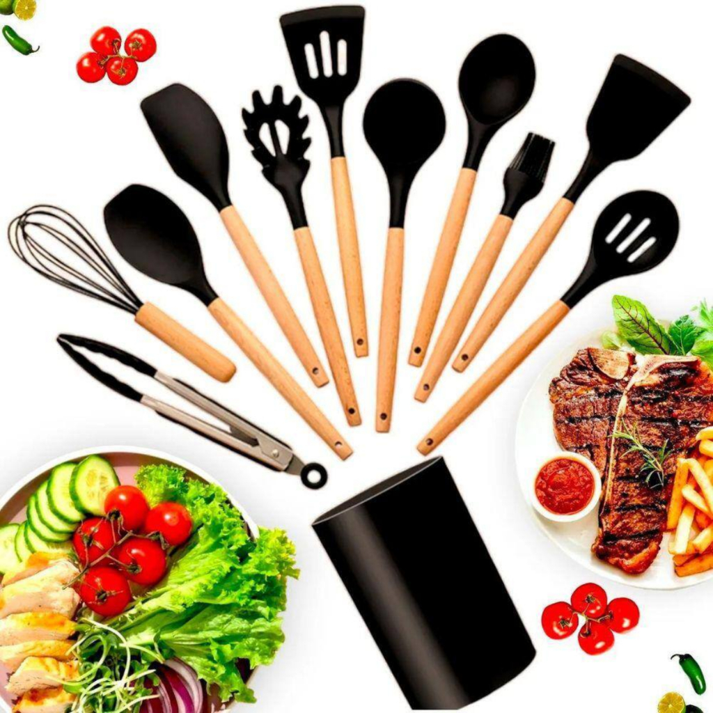 Kit C/12 Peças Utensílios De Cozinha Colheres Espatula Silicone Cabo Madeira Decoração Livre BPA