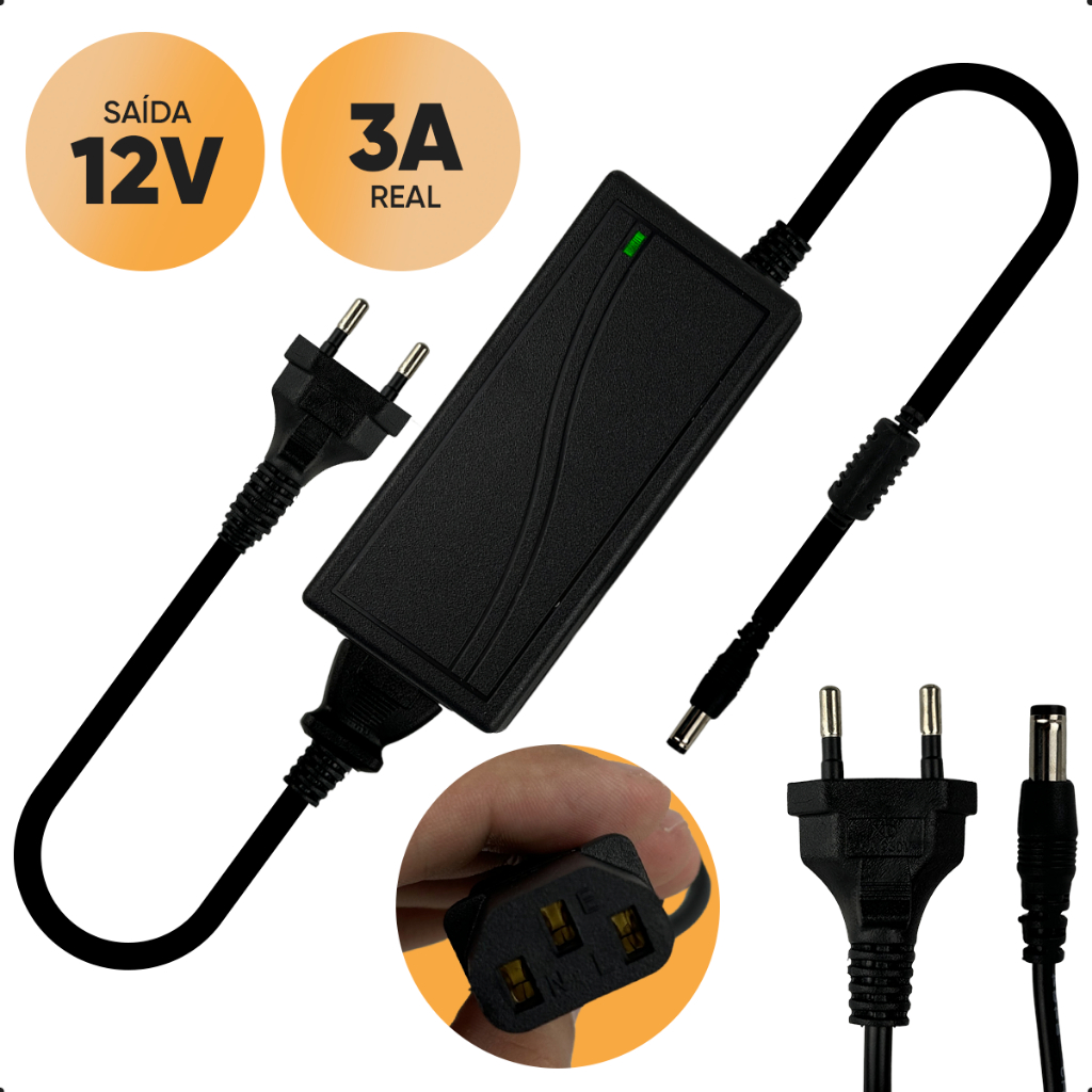 Fonte De Alimentação 12V 3A Automatica Ac/dc Bivolt 110-240v Plugue P4 P/ Camera Modem CFTV Fita Led em Oferta na Shopee