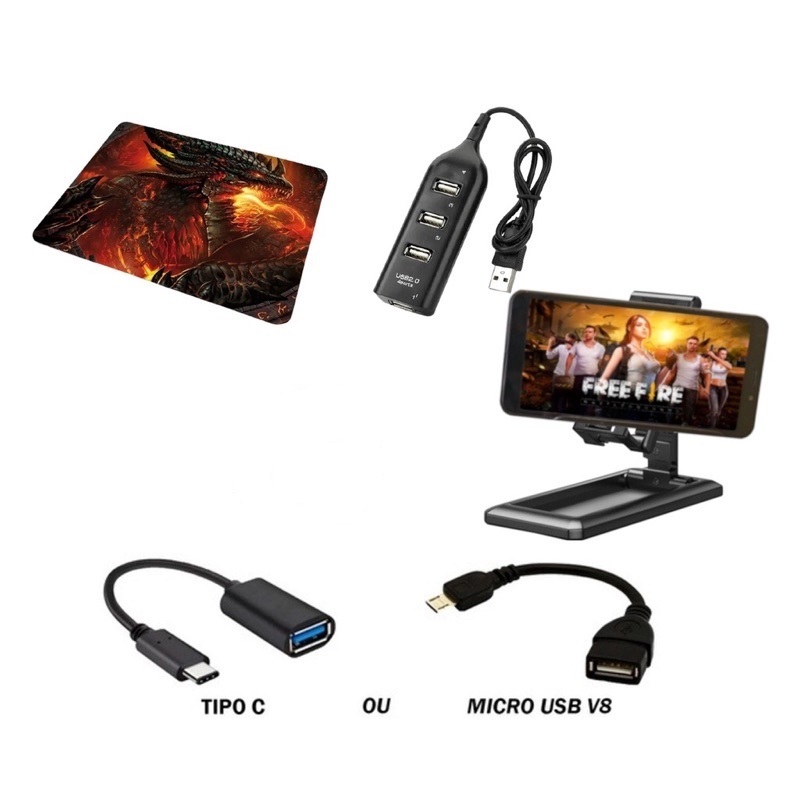 KIT PARA MOBILADOR HUB USB + SUPORTE + MOUSE PAD + ADAPTADOR OTG TIPO - C OU MICRO USB FREE FIRE FF PUBG COD MOBILE