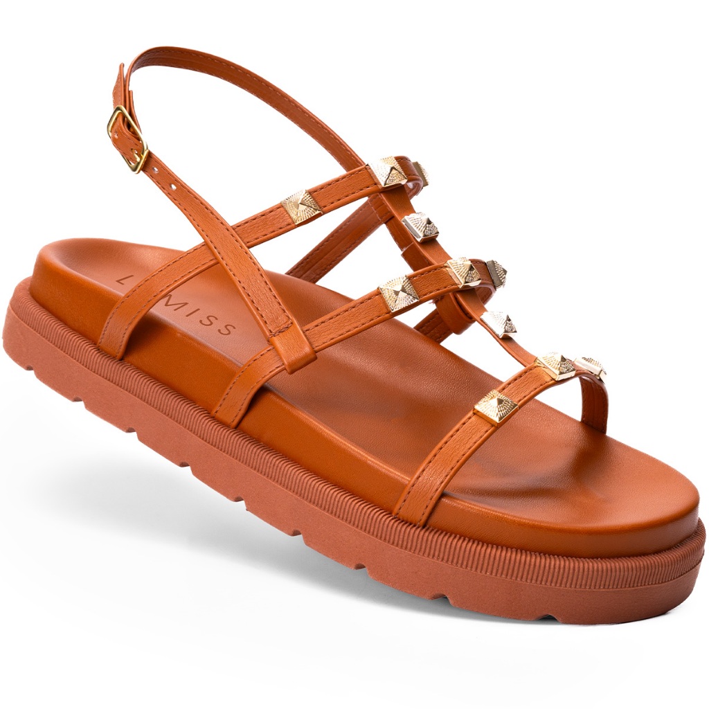 Sandália Papete Feminina Lumiss Spike Pirâmide Fivela Confortável Caramelo