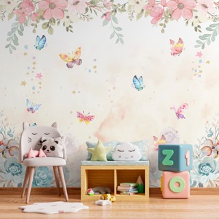 Papel De Parede Painel Floral Aquarelado Com Borboletas e Flores em Oferta na Shopee