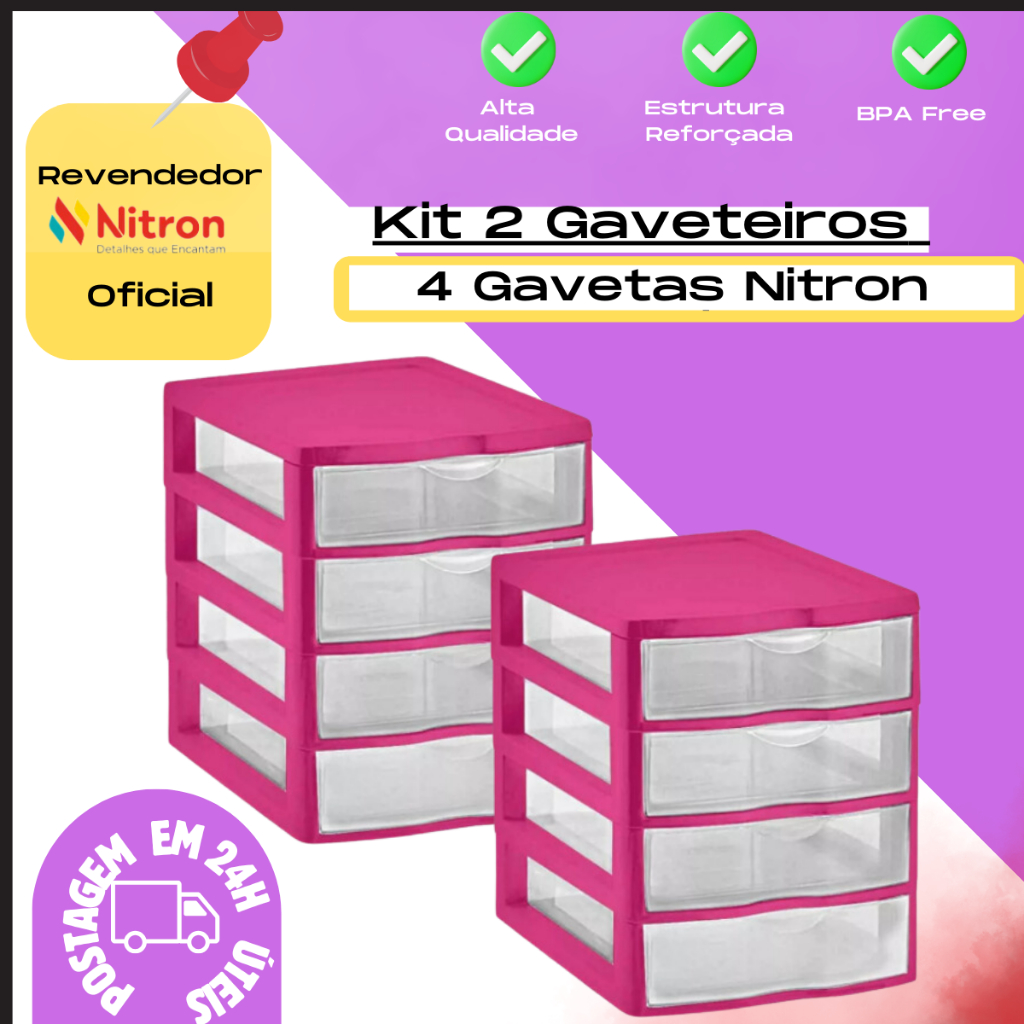 Kit 2 Gaveteiro Plástico Organizador Multiuso C/4 Gavetas Nitron em Oferta na Shopee