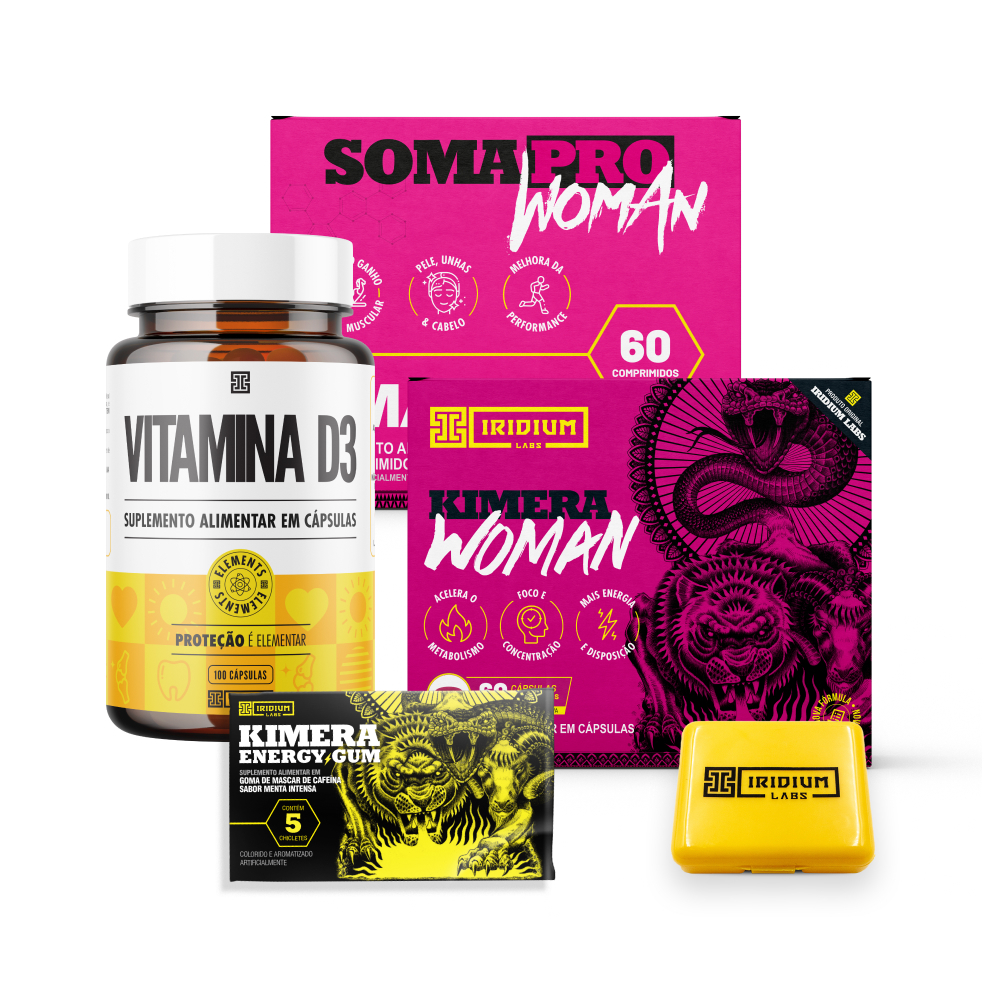 Kit Termogênico Kimera Woman + Soma Pro Woman ZMA + Vitamina D + Kimera Gum Unitário + Porta Cápsulas - Health