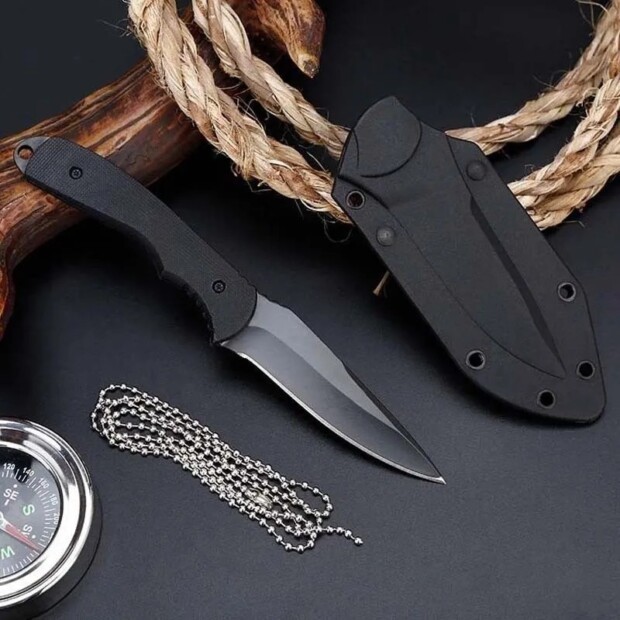 Mini Faca Tática Full Tang Preto com Corrente e Clip de Cinto - Modelo XLD-1