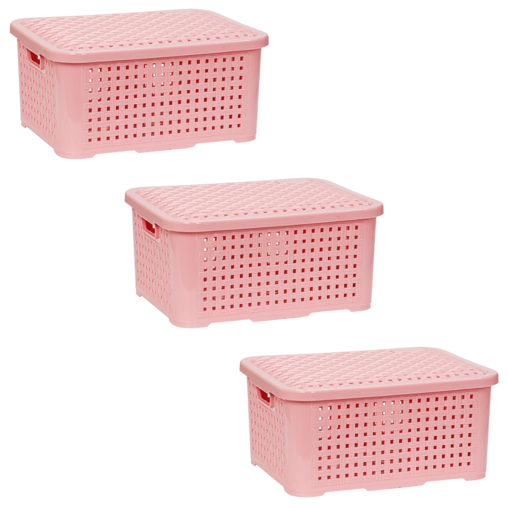 Jogo 03 Caixa Organizadora Cesto Multiuso 3 Litros Preto Branca Com Tampa Empilhavel Rattan