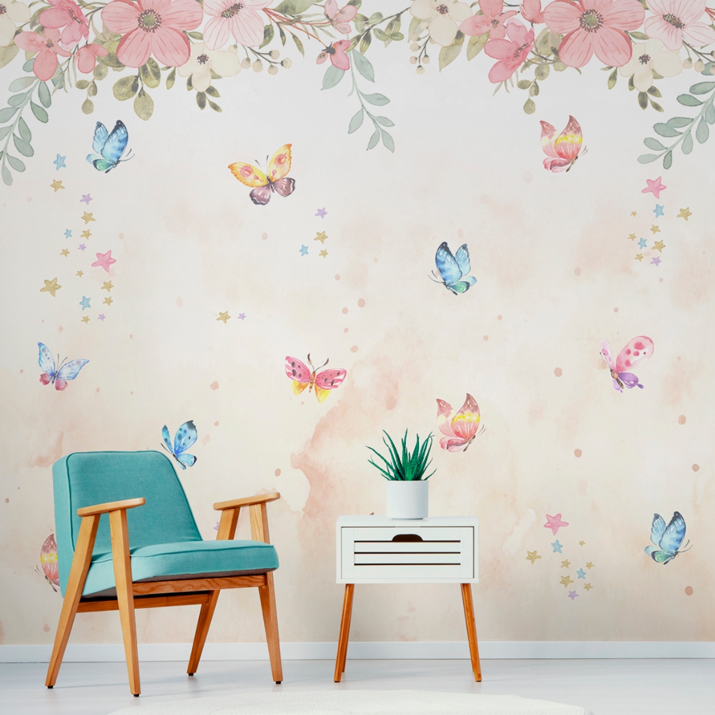 Papel De Parede Painel Floral Aquarelado Com Borboletas