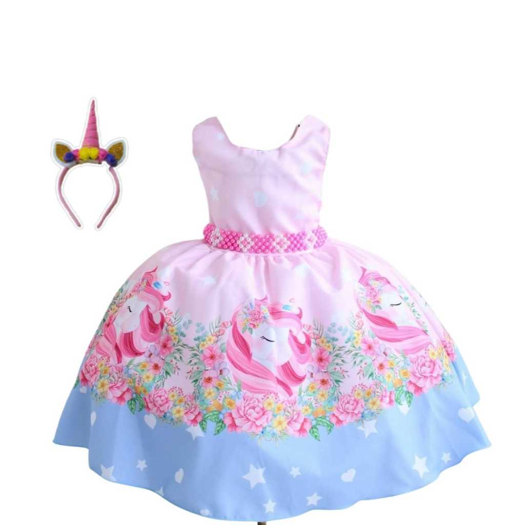 Vestido de Luxo Unicórnio Cute Festa Infantil com Tiara