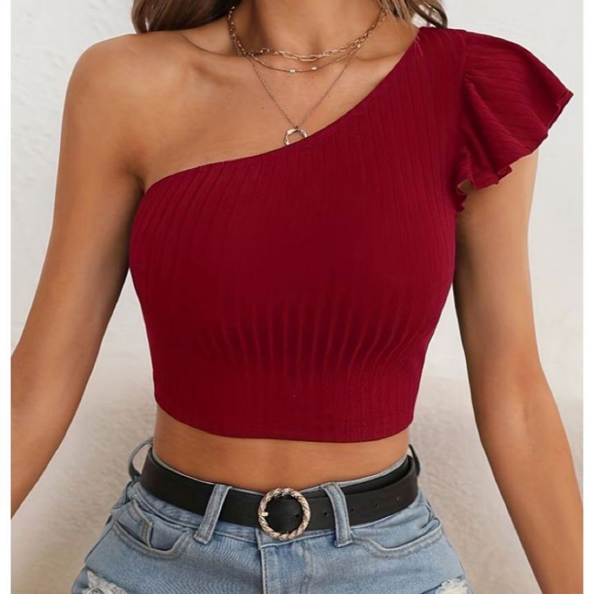 Cropped Mula Manca um ombro Só Blusinha Nula Manga Roupa Carnaval Bloquinho Top Feminino Verão Manga Babado Luxo Básica