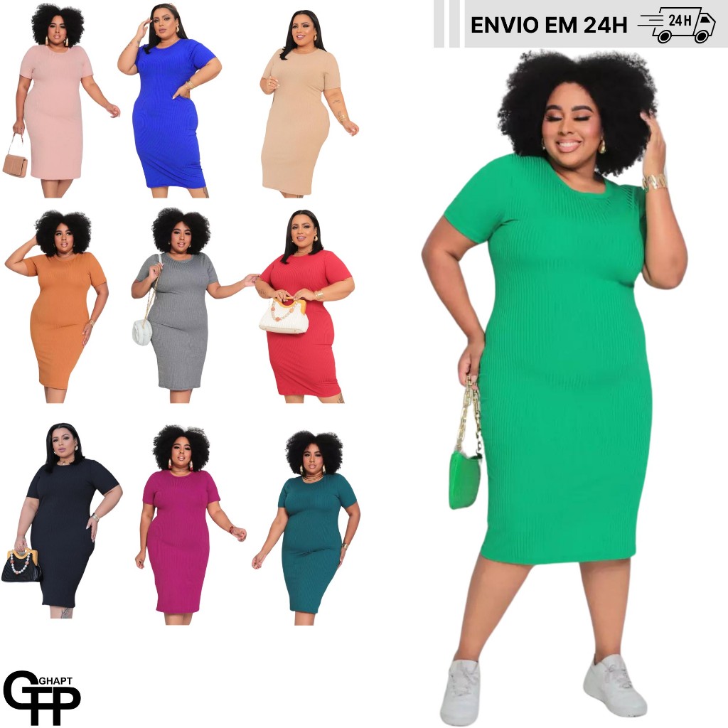 Vestido Plus Size Feminino Midi Manga Curta Básico Curve Canelado