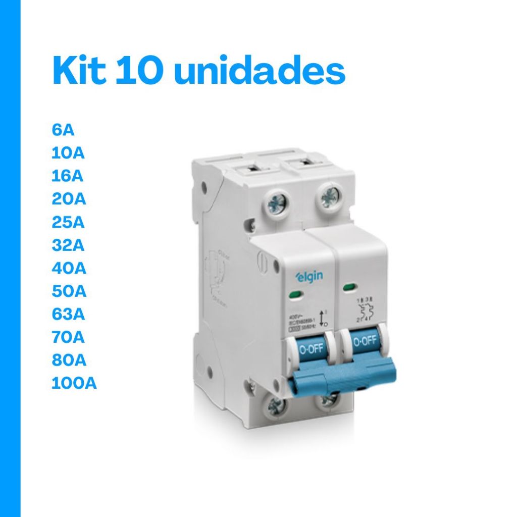 Kit 10 Disjuntor Termomagnético Bipolar Elgin 2 polos 6 10A 16A 20A 25A 32A 40A 50A 63A 70A 80A 100A