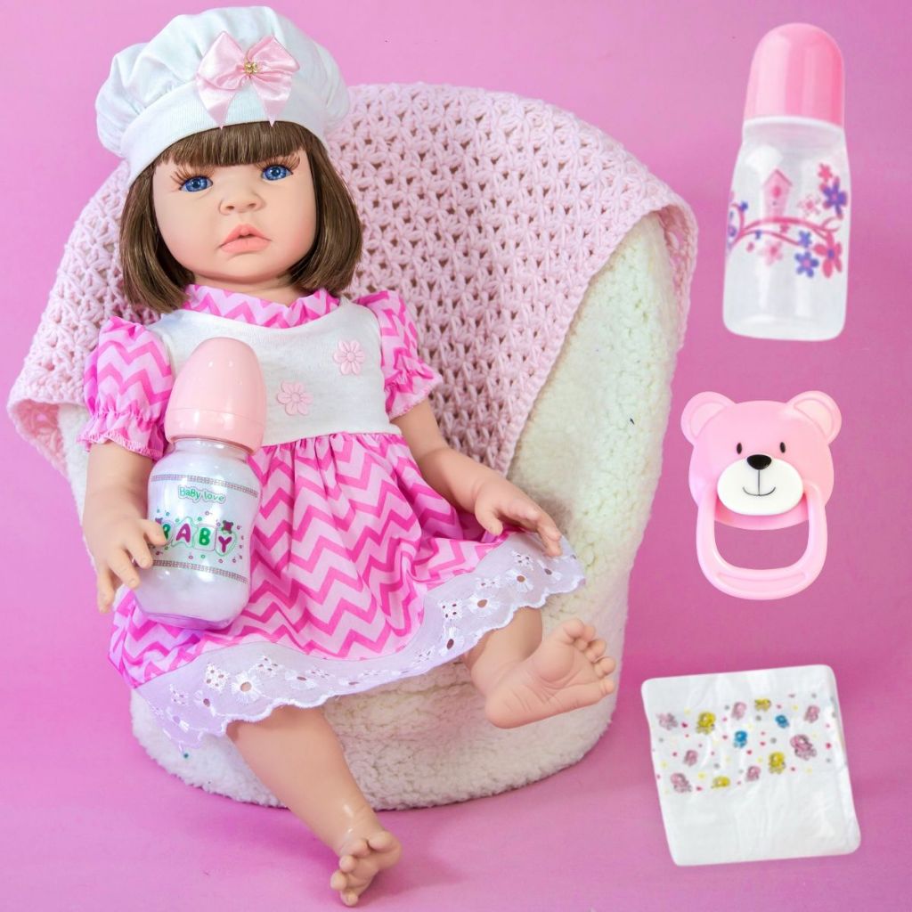 Bebê Reborn Boneca Realista de Silicone Vestido Listrado Pode Dar Banho Entrega Imediata