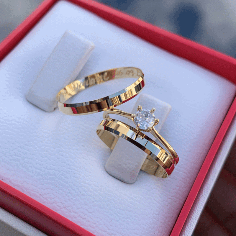 Par Alianças Chanfrada 4MM Casamento Noivado Moeda Antiga Banhada a Ouro18k + Anel + Gravação em Oferta na Shopee