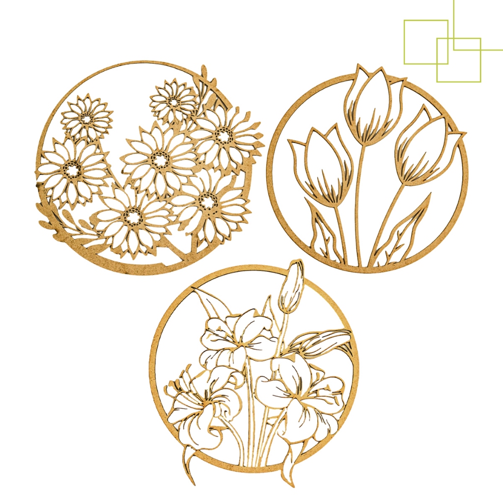 Imagem Kit 3 Mandalas Decorativas Flores Vazadas em MDF 3 mm Decoração Parede 25 cm cada