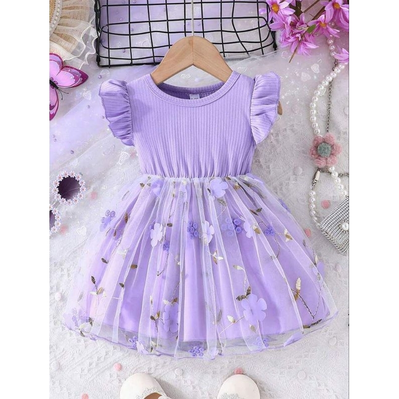 Vestido Bebê Infantil Tule Bordado Flores Festa Aniversário Mesversário Princesa Lilás