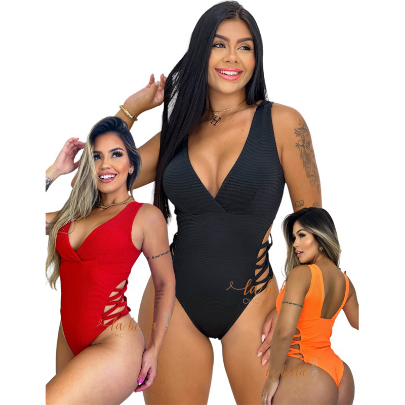Body Maiô Trançado Lateral Decotado Costa Nua Cavado Texturizado Com Bojo Cavado Biquini Hot Pants