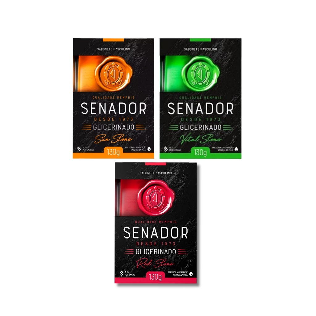 Senador Sabonete Glicerinado Stone 130g Kit Sortido 1 Red 1 Sun 1 Vital