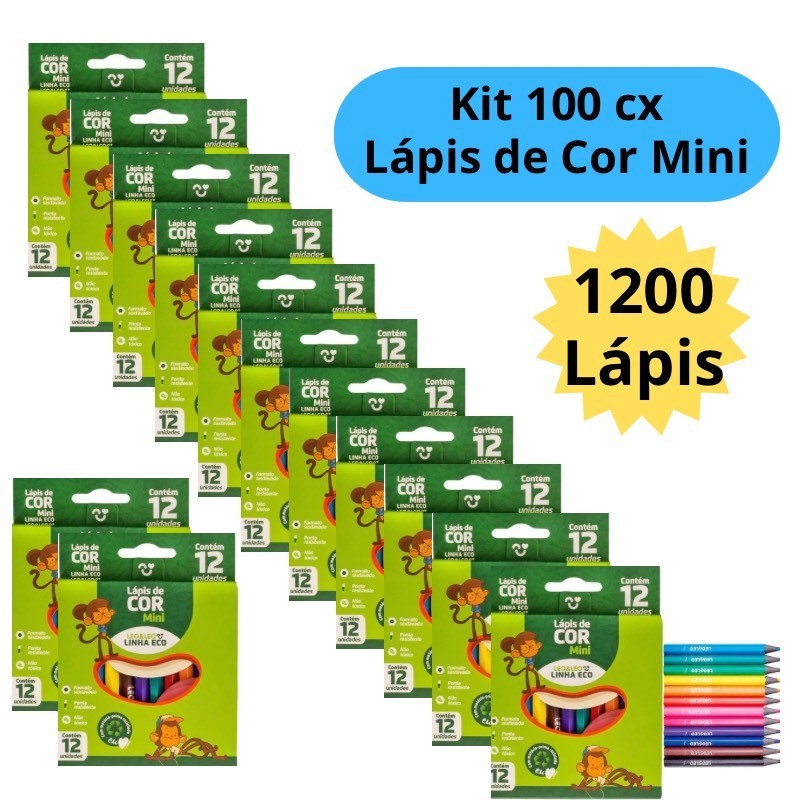 Kit 100 Caixas de Lápis de Cor Mini Caixa com 12 Cores Kit Festa Lembracinha Escolar Leo&Leo