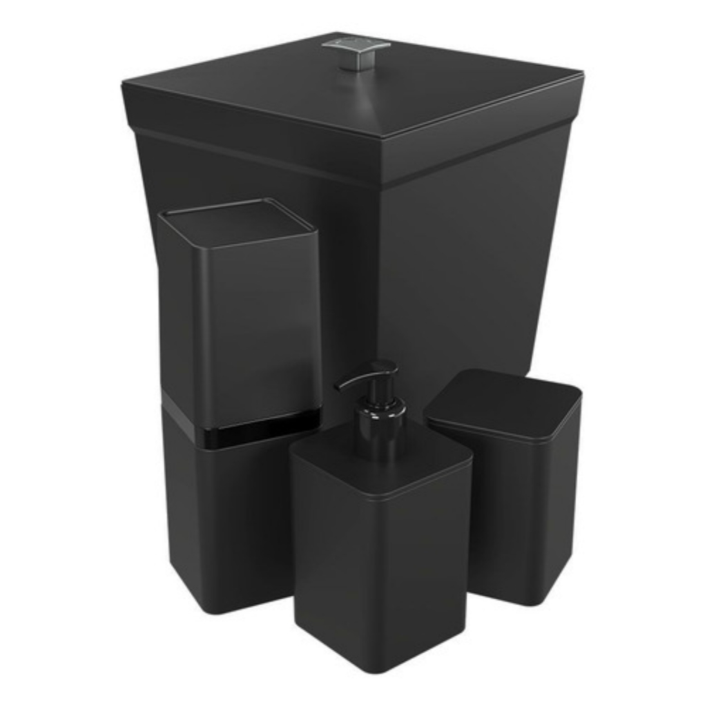 Kit Banheiro 4 Pçs Lixeira Porta Algodão/escovas Completo Cor Preto
