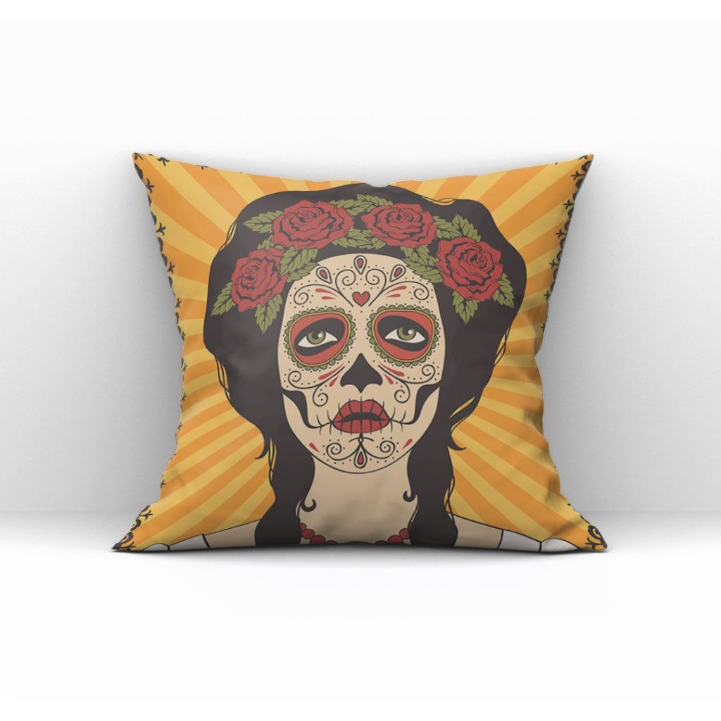 Capa de Almofada Decorativa Sublimada Caveira Mexicana Dia dos Mortos 45cm X 45cm Percal C Ziper