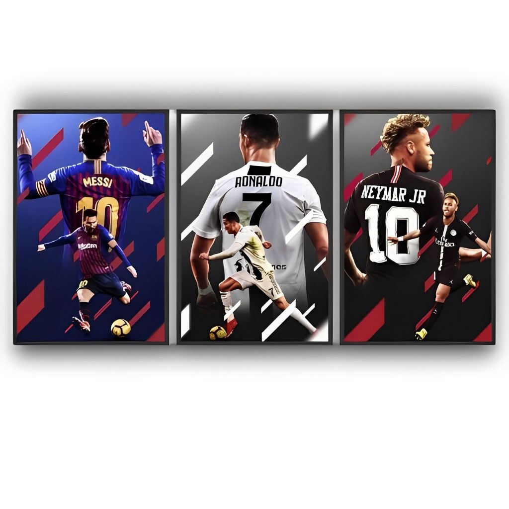 Kit Quadros Decorativos 3 Peças Time de Futebol Camisa 10 Bola de Ouro Decoração Quarto Chuteira