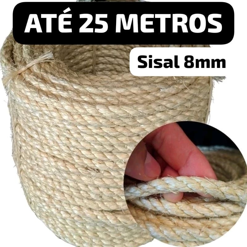Corda TRANÇADA Sisal 8mm Para Decoração, balanço, luminárias, arranhadores, jardim, escada e similares