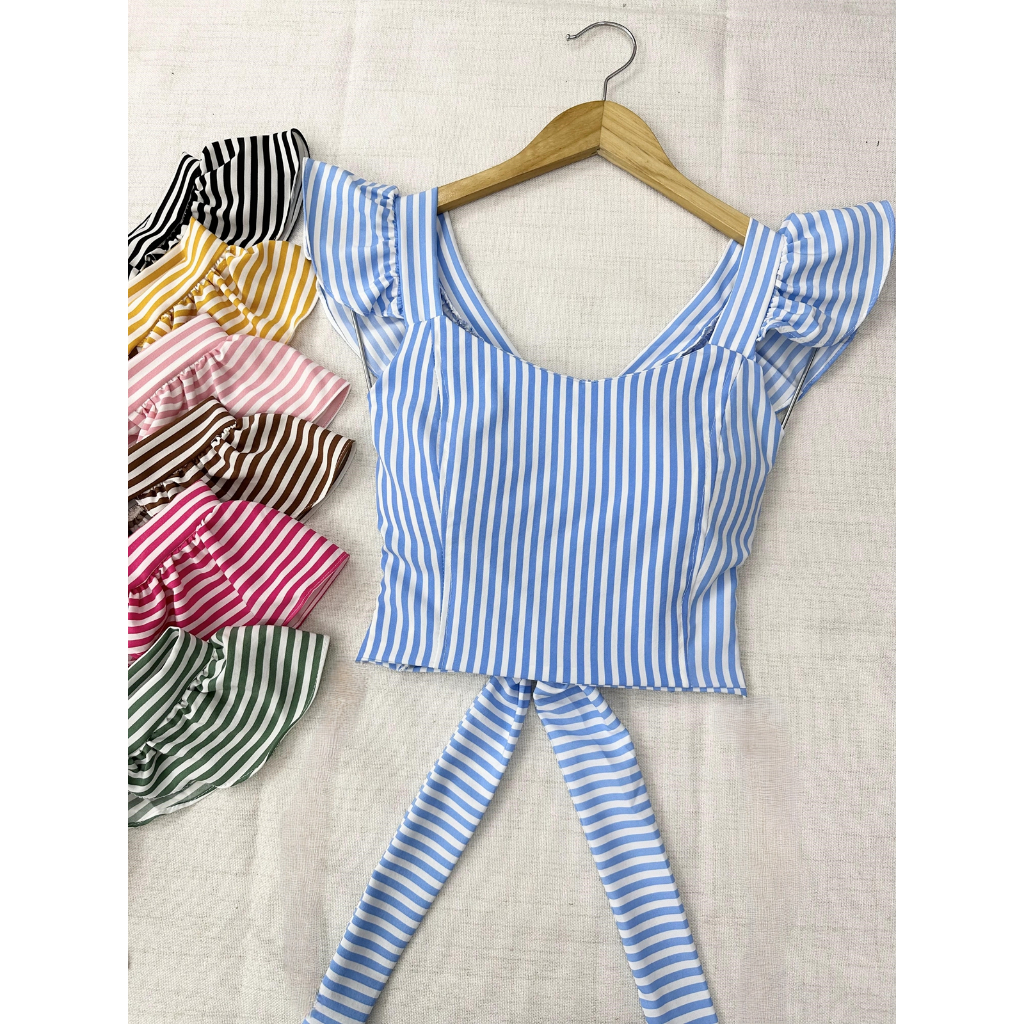 0906 blusa cropped com bojo listar e bolinha moda feminina em Oferta na Shopee