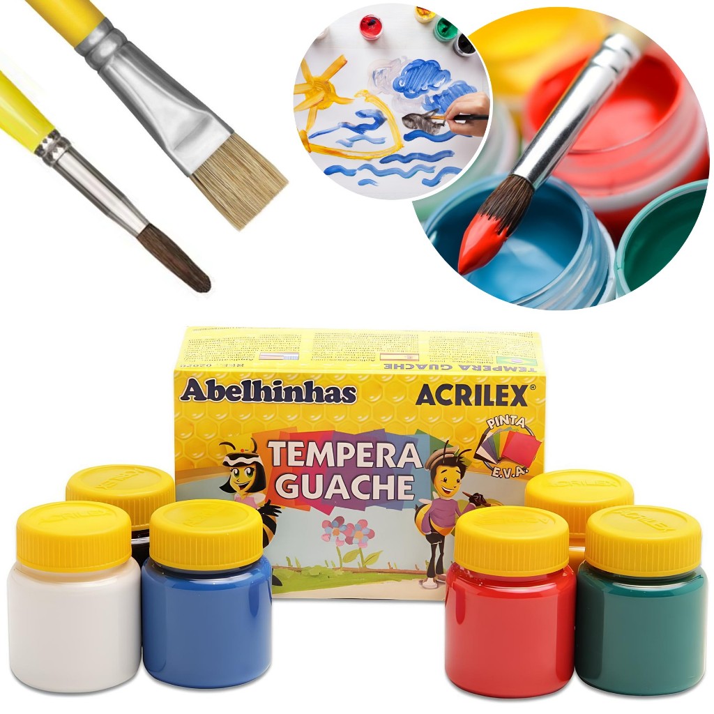 Tinta Têmpera Guache Escolar 6 Cores 15ml Com 2 Pincéis