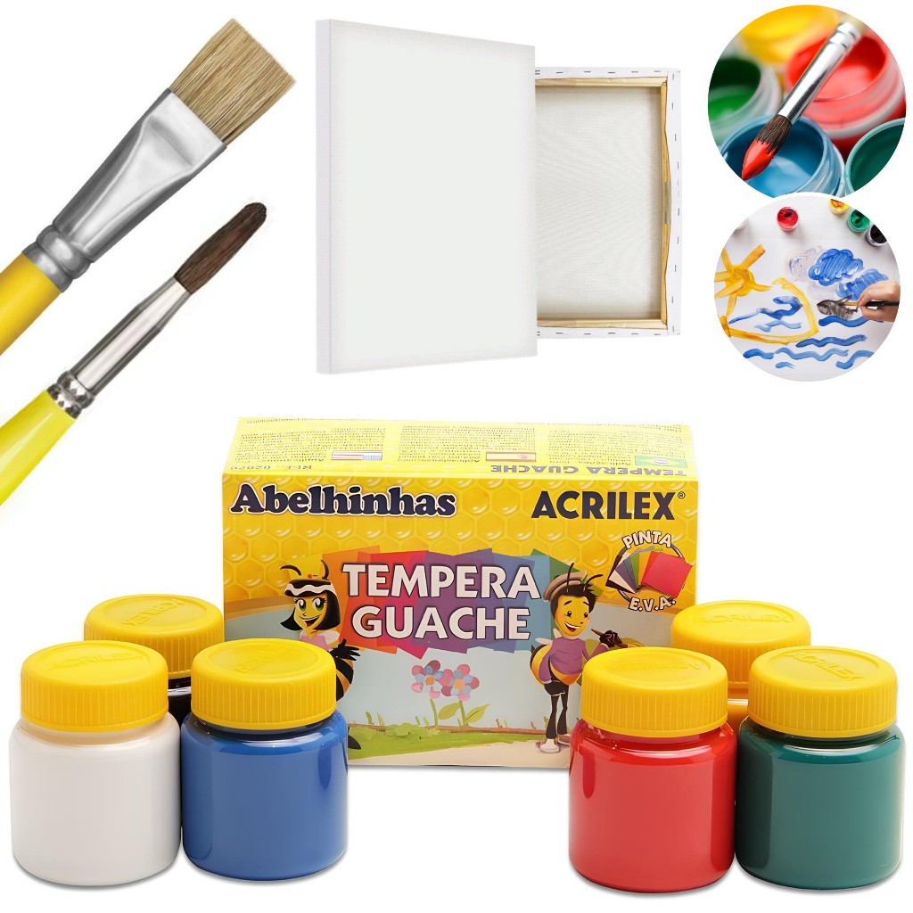 Tinta Têmpera Guache 6 Cores 15ml + 2 Pincéis E 1 Tela