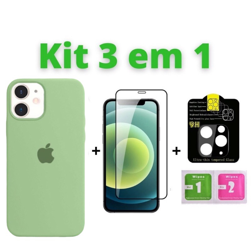 Kit 3em1 Proteção Completa Para iPhone 11 11pro 11promax Normal Linha Premium - Capa + Película 3D + Película de Câmera