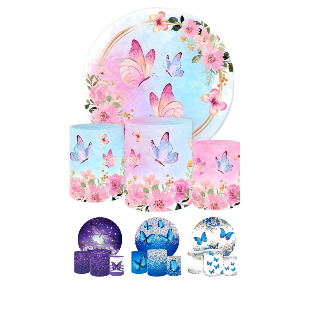 Kit Painel Redondo E Capas Festa Tecido Sublimado 3D Borboletas em Oferta na Shopee