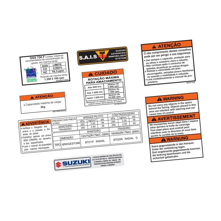 Adesivos Advertência Motocicleta Suzuki Gsx 750 F (1994-2009)
