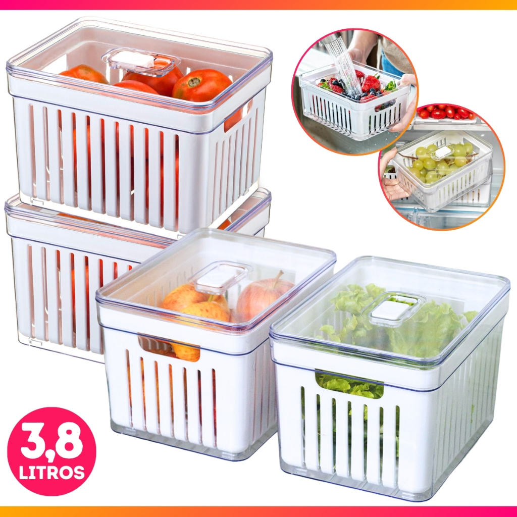 Kit 4 Organizador de Geladeira 3,8 Litros Cesto Com Tampa Multiuso Alimentos Verduras e Vegetais