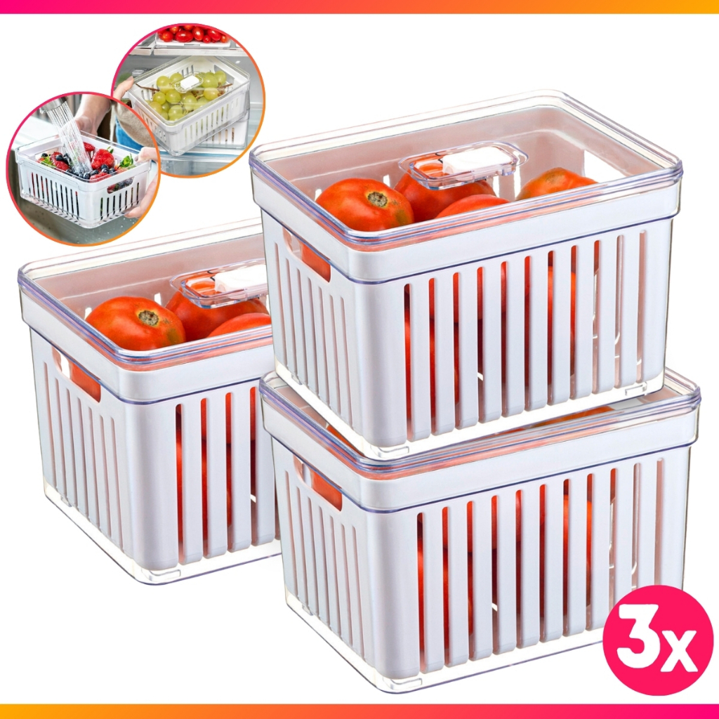 Kit 3 Organizador de Geladeira 3,8 Litros Cesto Com Tampa Multiuso Alimentos Verduras e Vegetais