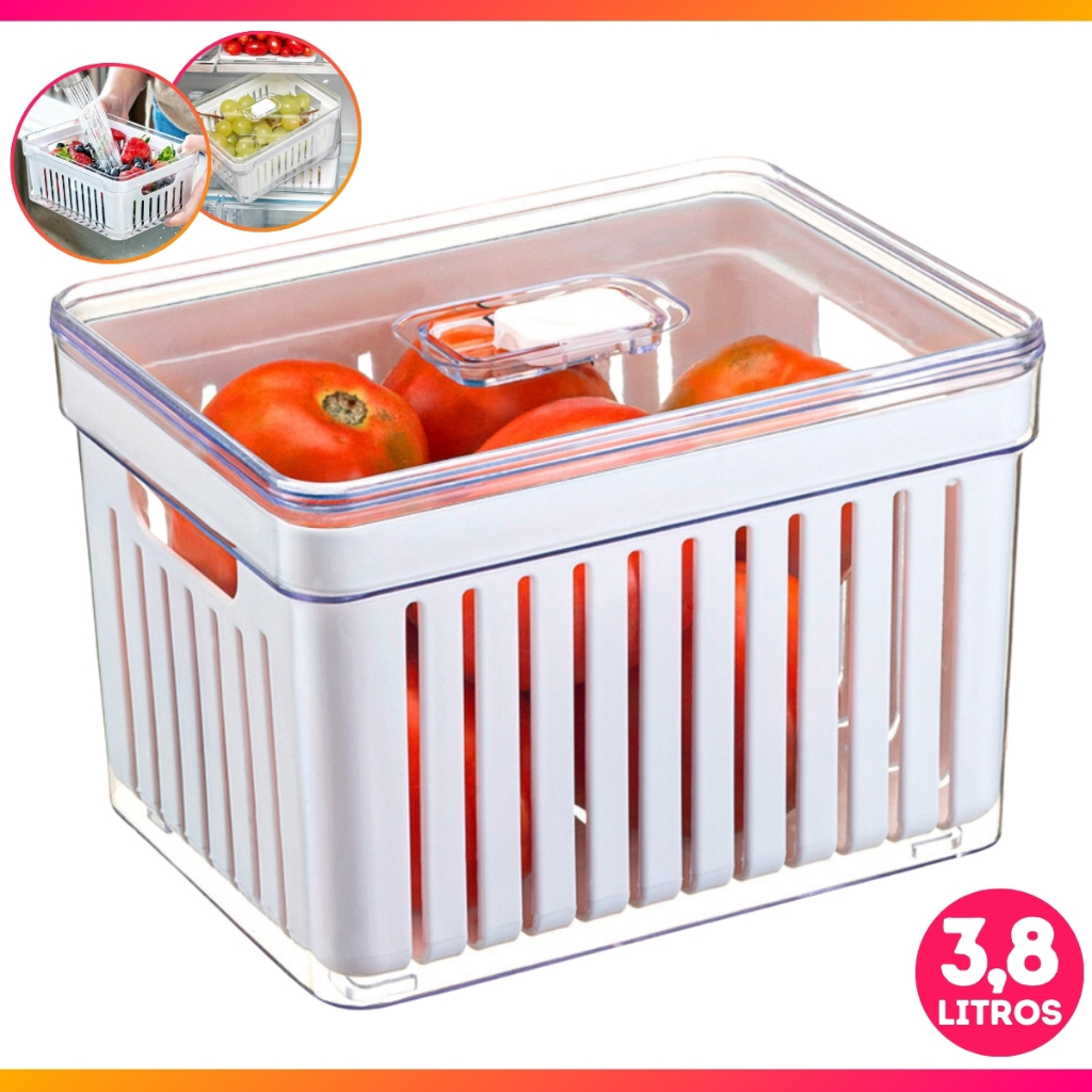 Organizador de Geladeira 3,8 Litros Cesto Com Tampa Multiuso Alimentos Verduras e Vegetais