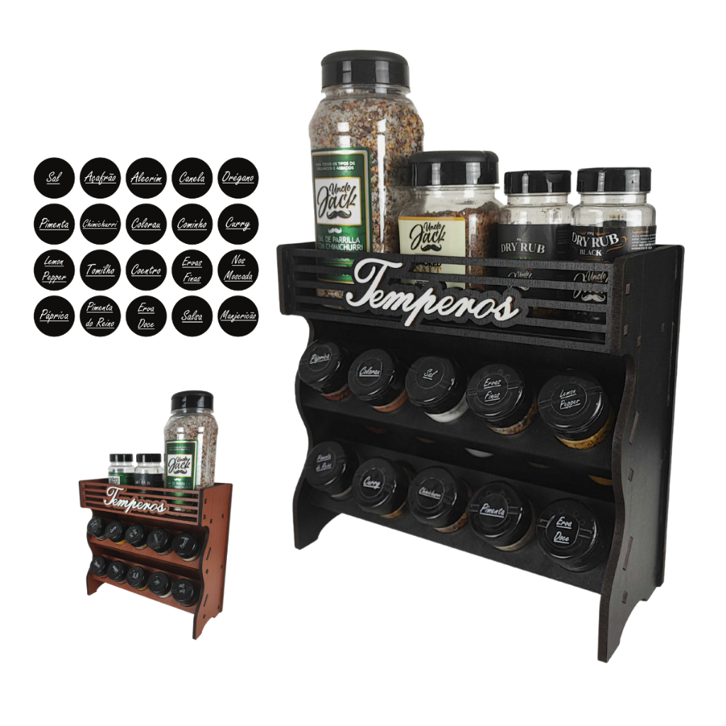 Porta Tempero Mesa ou Parede com Potes com Local Para Colocar Potes de Sal e Cartela de Etiquetas em Oferta na Shopee