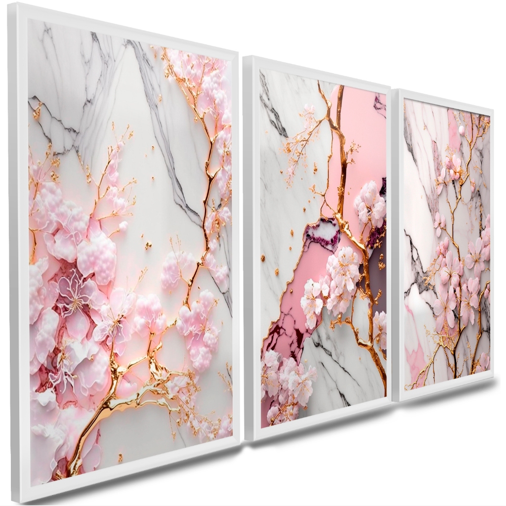 kit quadros decorativos galhos de flores rosas com fundo abstratos em tons de rose luxo gold 3 peças (MARMORE) em Oferta na Shopee