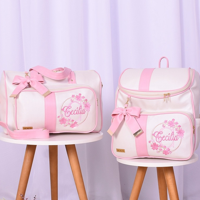 Kit Bolsa Maternidade Personalizada Menina Flowers Off/Rosa - 02 Peças