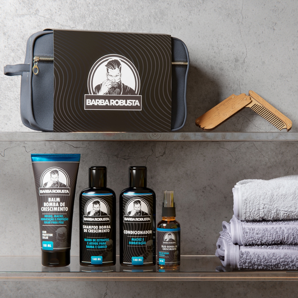Kit Barba Robusta produtos Barba Shampoo Balm óleo Condicionador Pente de madeira + Necessaire