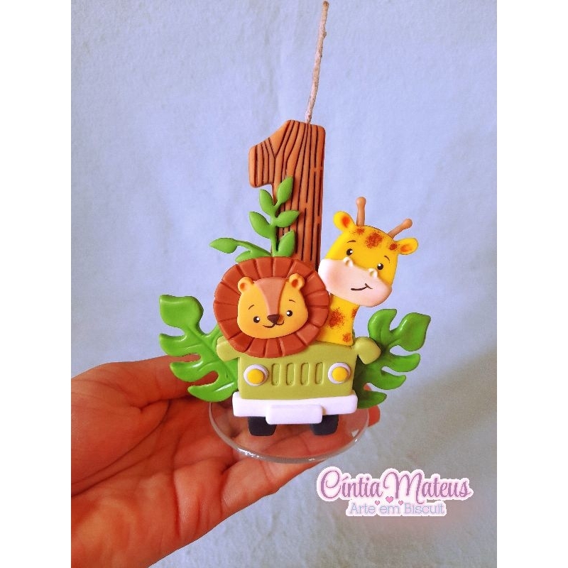 Vela de aniversário Jipe Safari baby biscuit/Decoração topo de bolo festa infantil