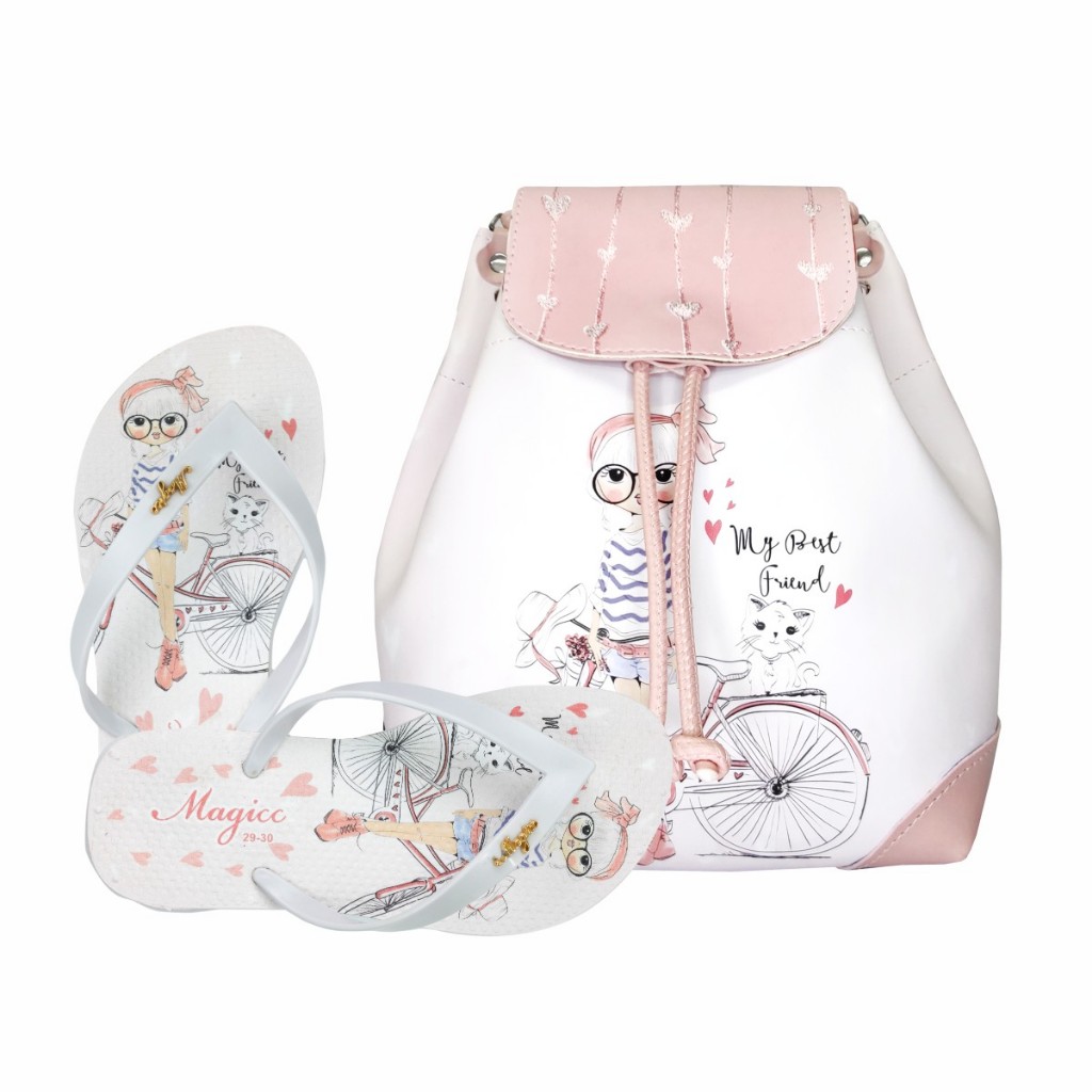 Kit Bolsa Infantil com Chinelo Slim Infantil Brilho Menina Bike Magicc Bolsas 1377