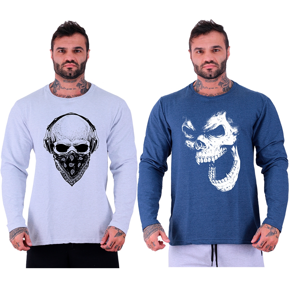 Kit 2 Camisetas Manga Longa Moletinho MXD Conceito Estampas Variadas Academia Lazer Dia-a-Dia