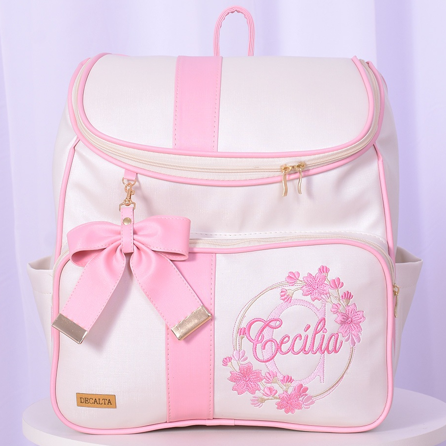 Mochila Maternidade Personalizada Menina Flowers Off/Rosa - 01 Peça