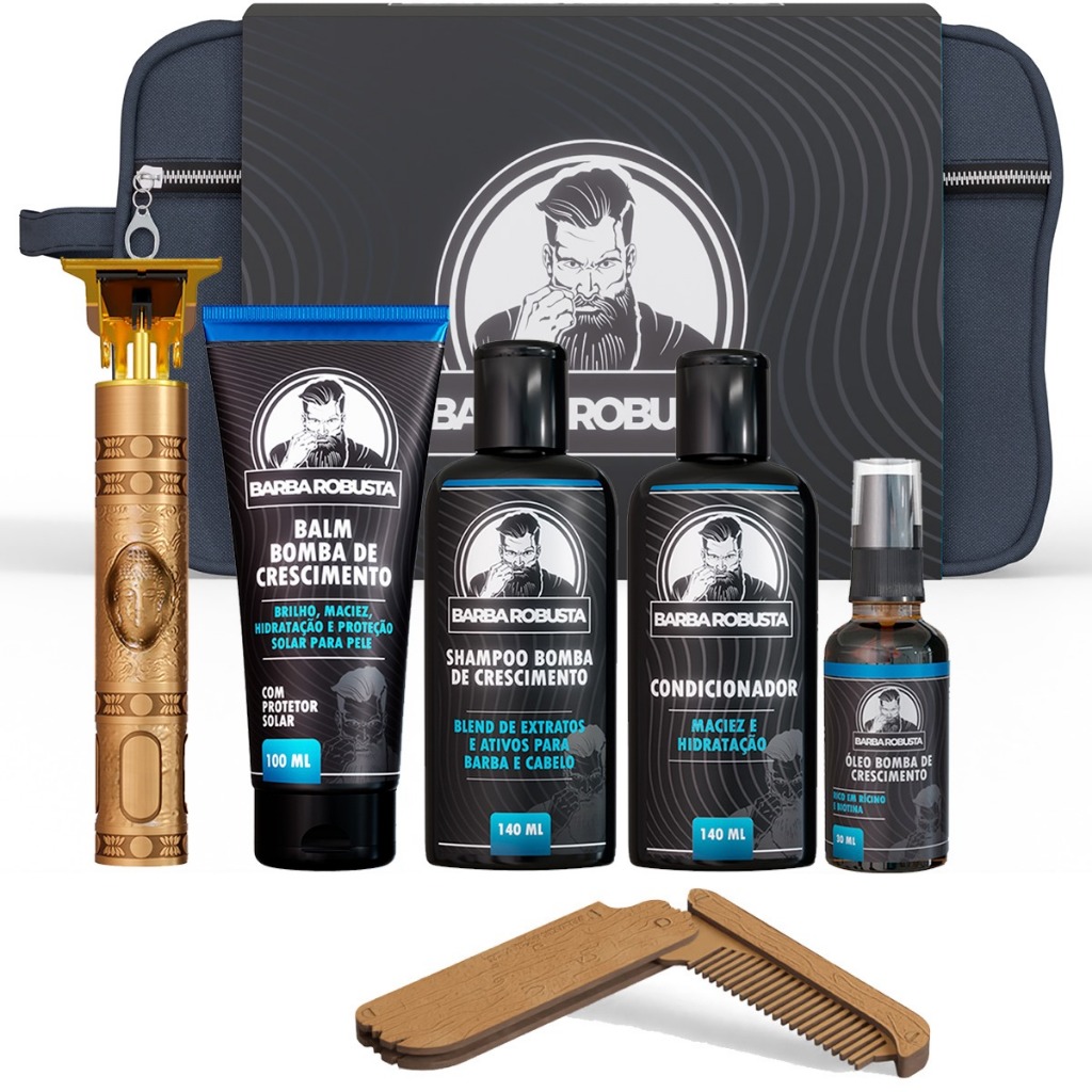 Kit Cuidados Barba Robusta – Shampoo, Balm, Óleo, Condicionador + Necessaire, Maquininha e Pente
