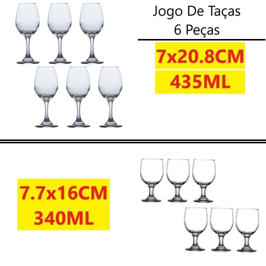 Jogo De 6 Taças 435ML E 340ML Vidro Decorativo Para Vinho E Champanhe Linha Bueno Original...