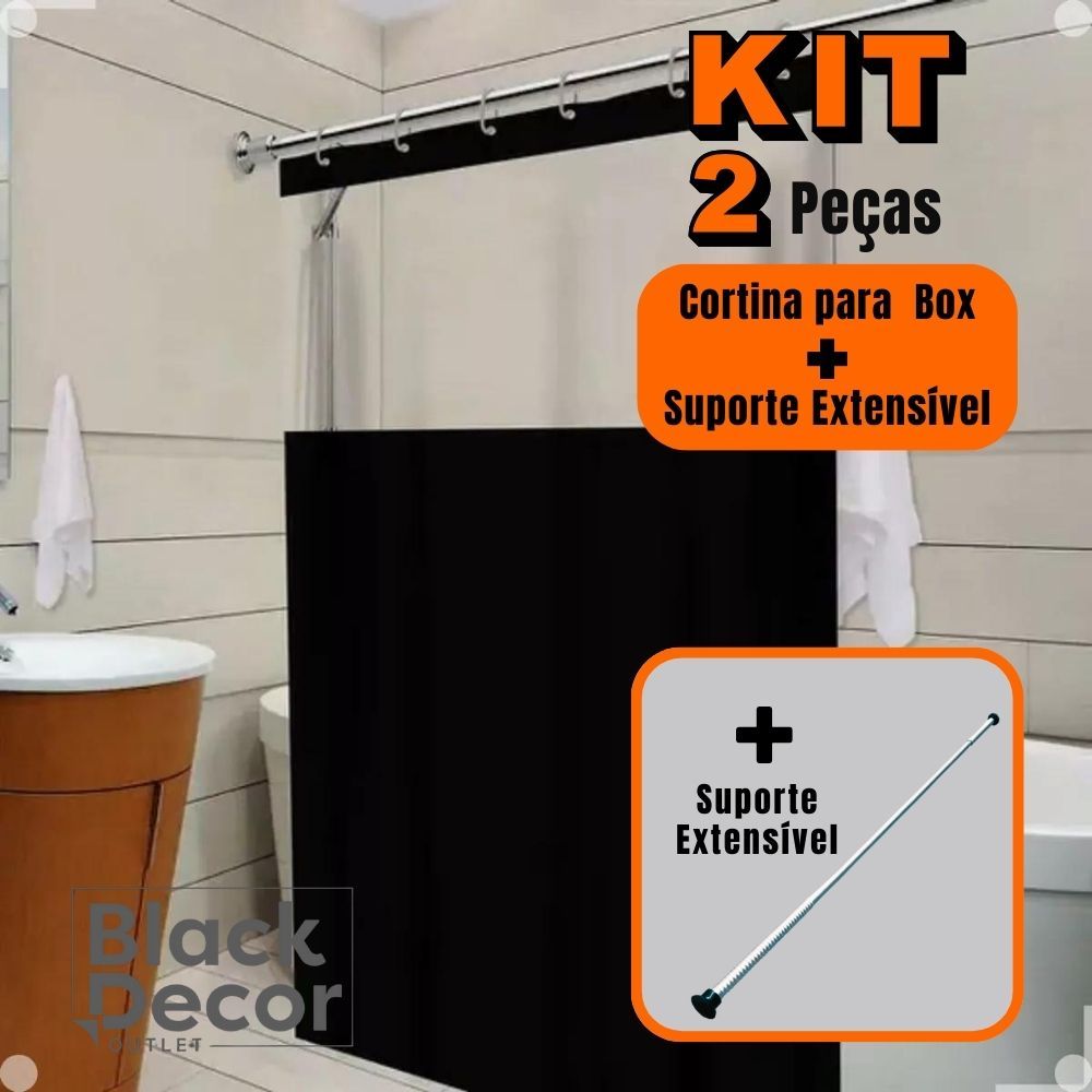 Cortina Box Banheiro Com Visor Lisa Antimofo C/ Ganchos + Suporte de Cortina