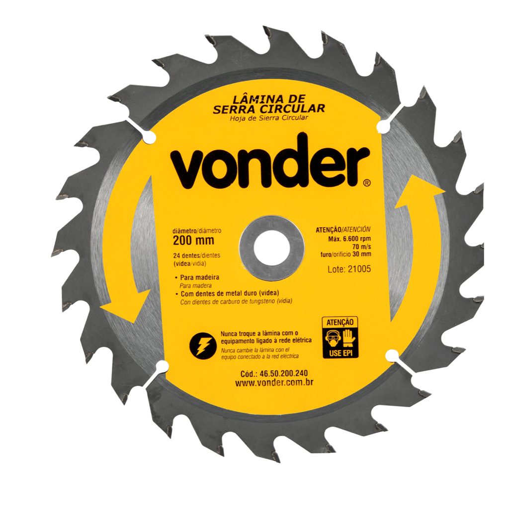Lâmina de serra circular com dentes de metal duro/vídea, 200 mm x 30 mm, 24 dentes, VONDER