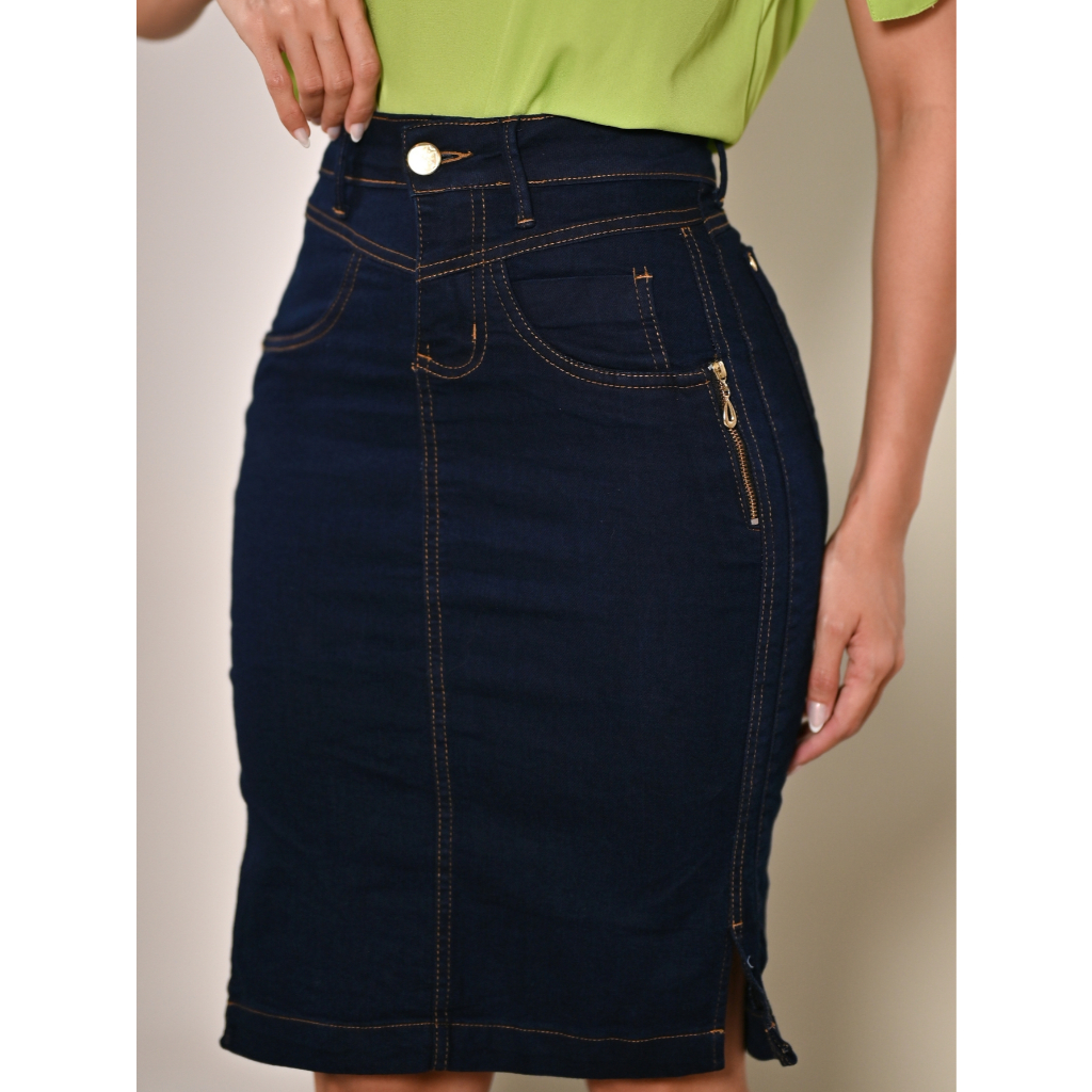Saia Jeans Ziper Lateral Moda Evangelica Anagrom